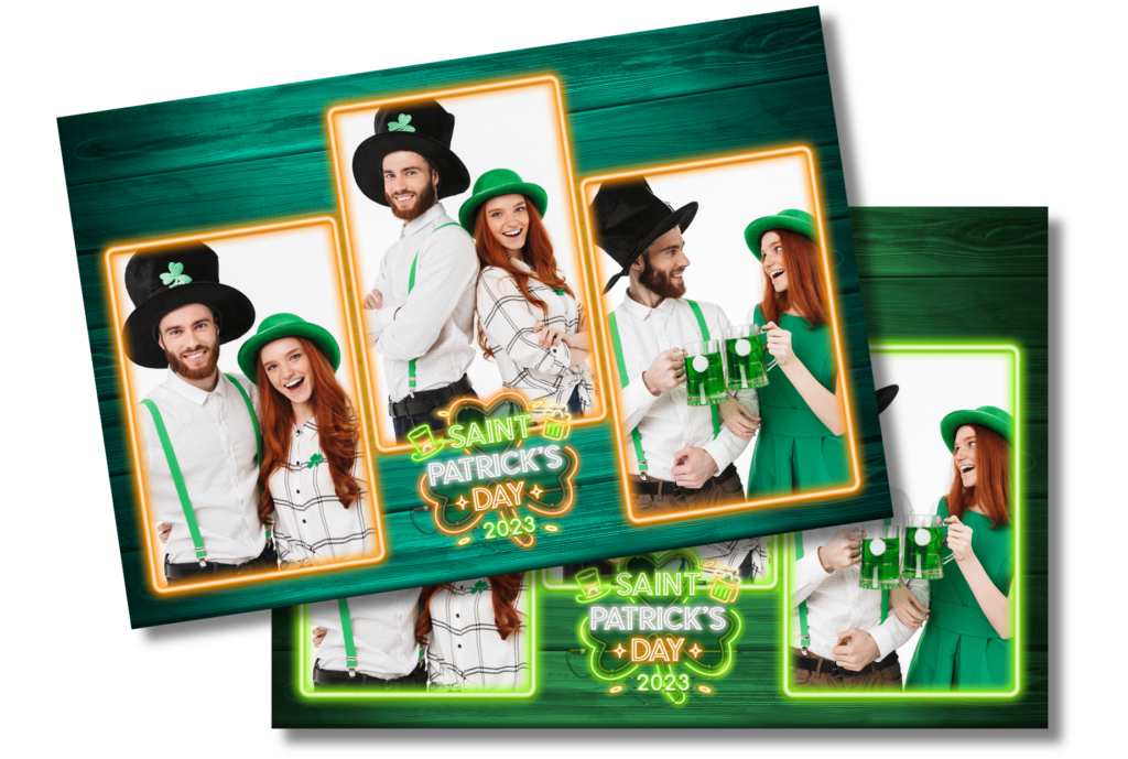 Neon-themed St. Patrick’s Day photo booth screen design with glowing green and gold elements