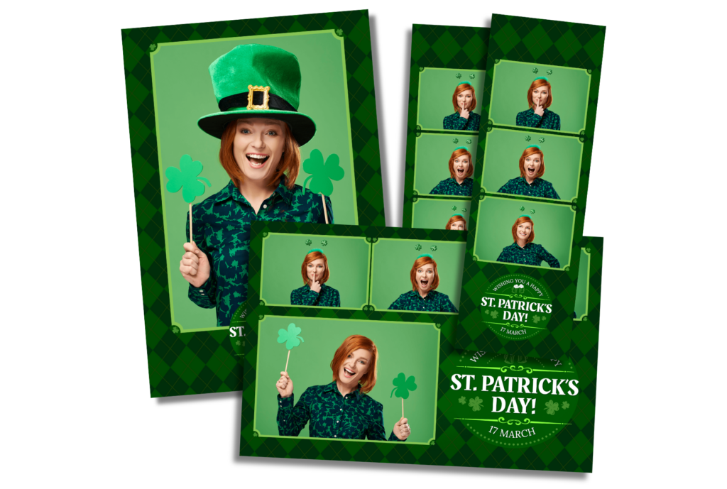 Photo booth screen for a St. Patrick’s Day party with vibrant green backgrounds and festive designs