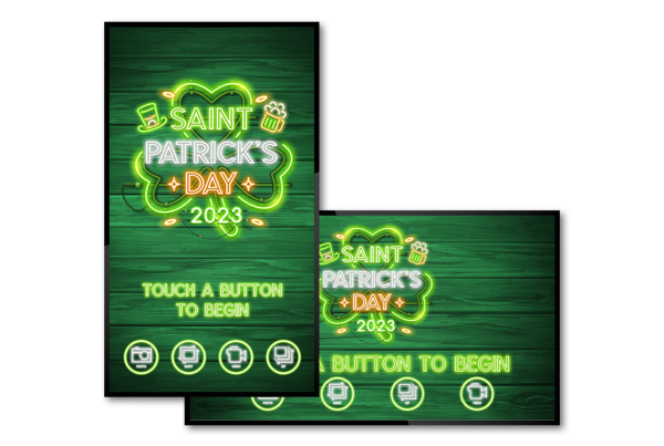 Neon-themed St. Patrick’s Day photo booth screen design with glowing green and gold elements